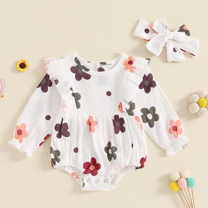 Suefunskry Baby Girl 2 Piece Fall Bodysuit Outfit, Flower Print Ruffle Trim Long Sleeve Romper Tie-Up Headband