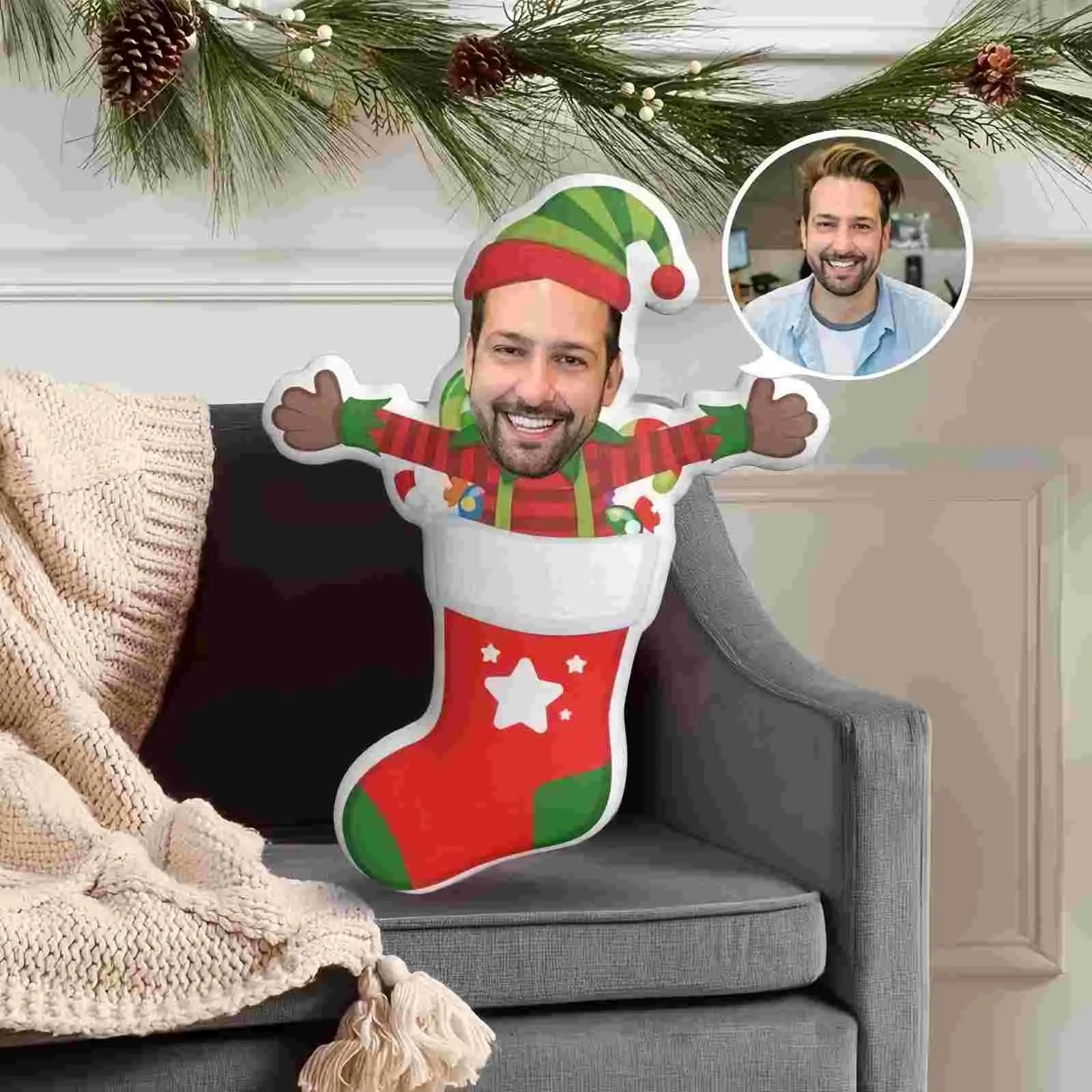 Christmas sock shaped pillow design for your personalized character, with a replaceable face, perfect for souvenirs or fun