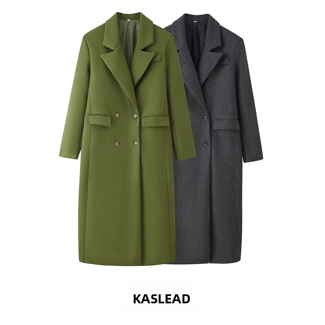KASLEAD New Women's Fashion Thickened Woolen Coat with Large Lapel Versatile Style European Style Long Sleeve Mid-Length