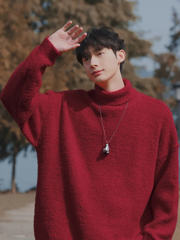 

Мужской зимний теплый трикотажный свитер с высоким воротником, свободный крой, повседневный стиль, из полиэстеровой смеси, с длинным рукавом, толстовка-гольф