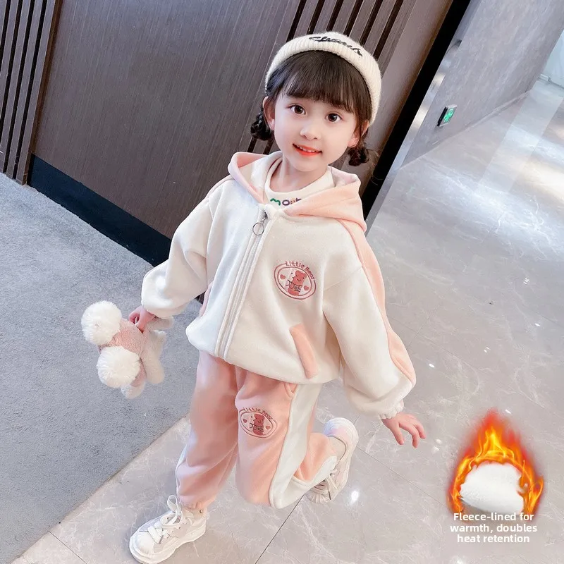 

Thiened Embroidered Bear Fce Set for Girls Winter Sports Sle Sweatirt And Pants School orm Look Two Bears Design