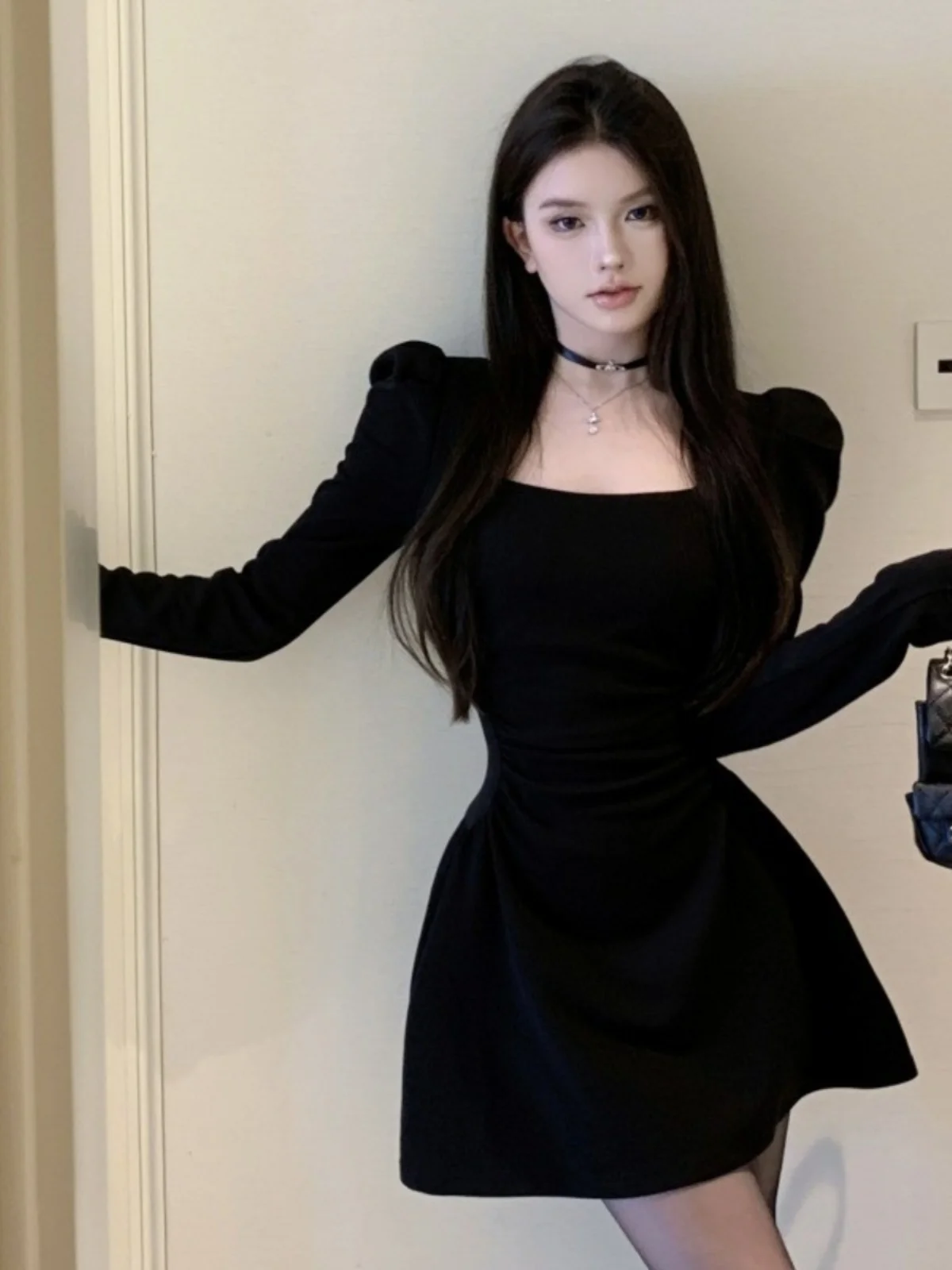 Hebe Sle A-Line Skirt Women's Autumn Winter Slimming Inner Wear Korean Dr Long Sve Square Collar Ins Trend