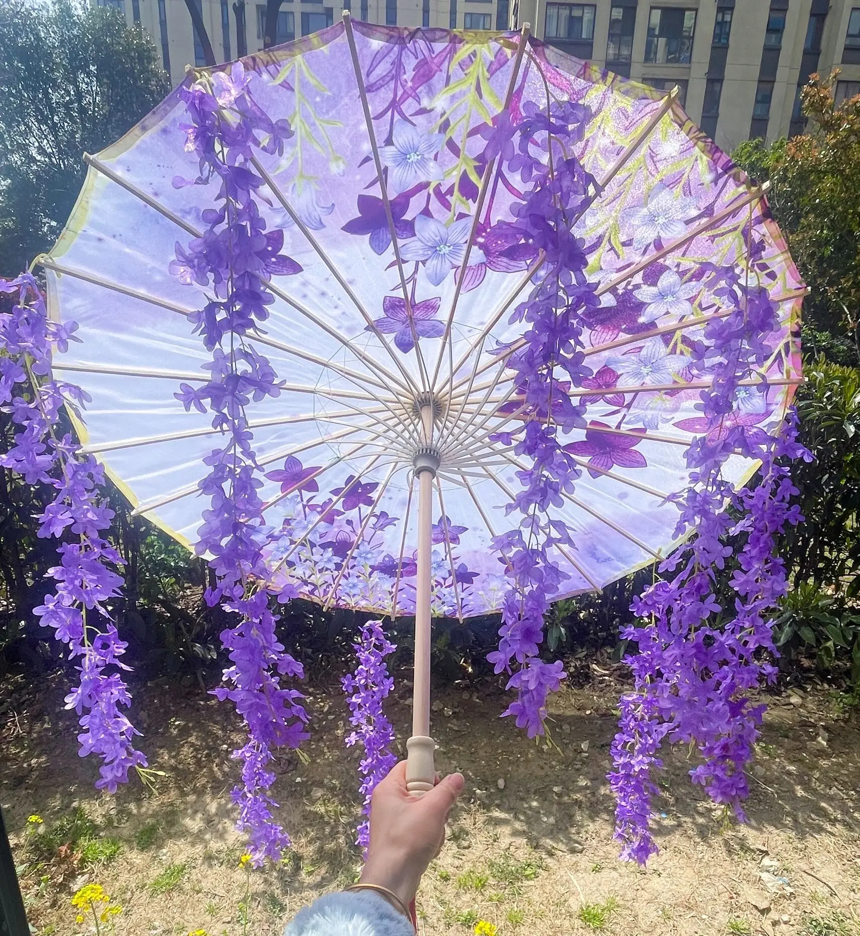 

Purple Lavender Anime Umbrella With Fan Windproof For Beach Dance Cosplay OilPaper Umbrella Parasol Hanfu