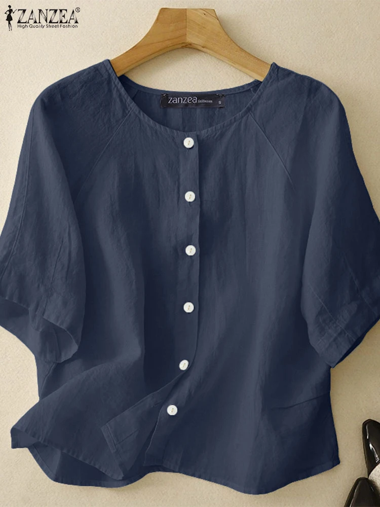 2025 Women Summer Shirts ZANZEA Elegant O Neck Short Sleeve Solid Work Blouse Casual Loose Cotton Tops Button Up Blusas Oversize - Image 2