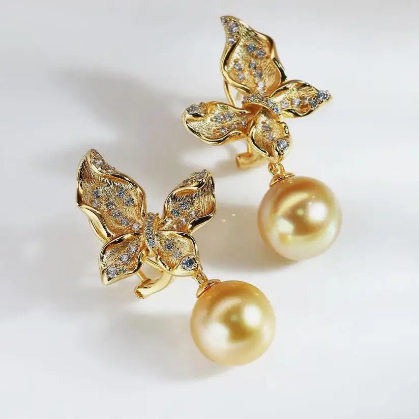

gorgeous 9-10mm 10-11mm south sea round gold pearl dangle earring 925s