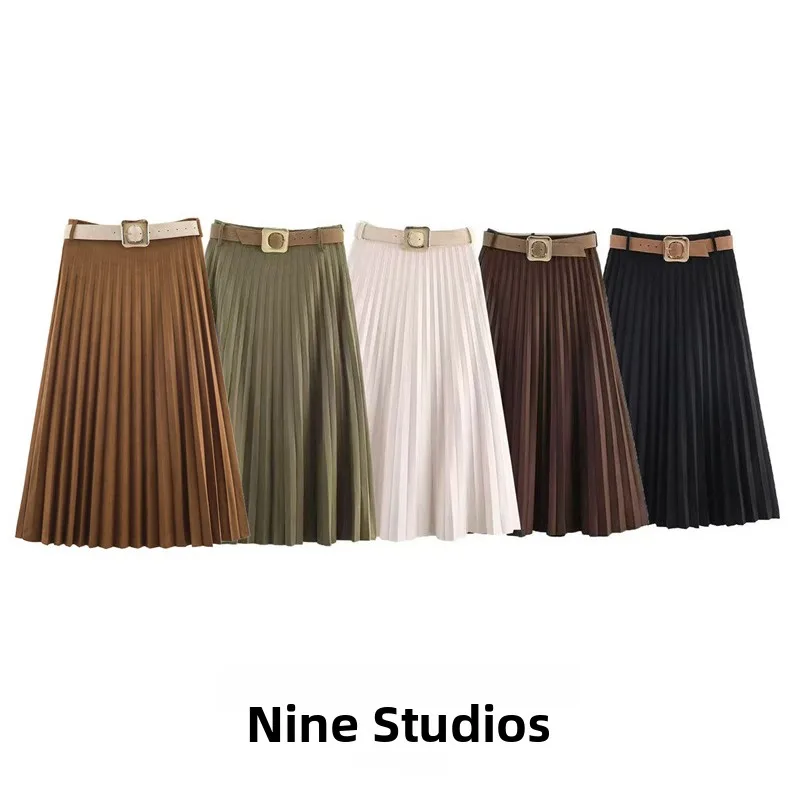 

High Waist Velvet Effect Pleated Midi Skirt with Belt Ladies' Ci Commute Polyester Fiber High Waist Sle Summer New