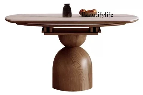 Retro style all solid wood rock slab dining table and chair combination retractable folding round table