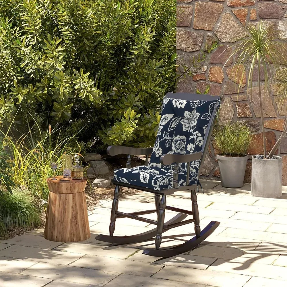 Set of 2 Water-Resistant Rocking Chair Cushions, High Back Tufting for Outdoor/Indoor Use - Vines Navy