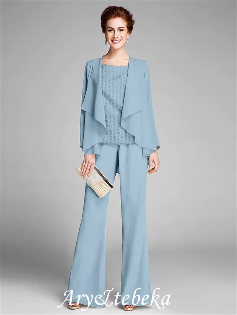 

Pantsuit / Jumpsuit Mother of the Bride Dress Jumpsuits Scoop Neck Floor Length Chiffon Long Sleeve with Flower