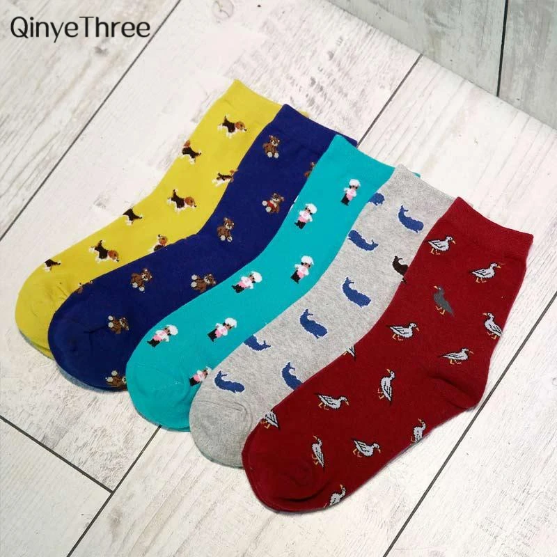 Nowe zimowe jesienne ciepłe damskie skarpetki rurkowe Cartoon Mini Animal Sokken Dog Dolphin Duck Patterned Crew