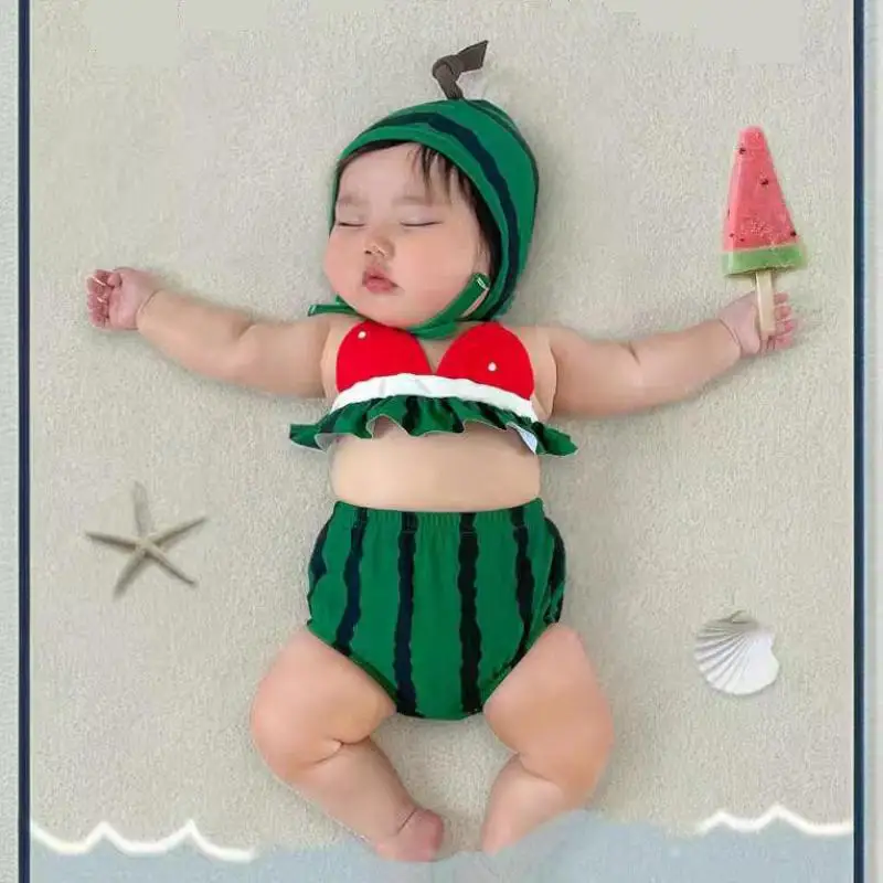 2026 New Baby Cute Watermelon Bikini Split Swimsuit 3pcs Suit Newborn Fashion Sling Bathing Suit Infant Toddler Swimming Suit