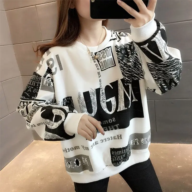 Fashion Printed Letter Loose Korean Sweatshirts Female Clothing 2023 Autumn Oversized All-match Pullovers Casual Sweatshirts