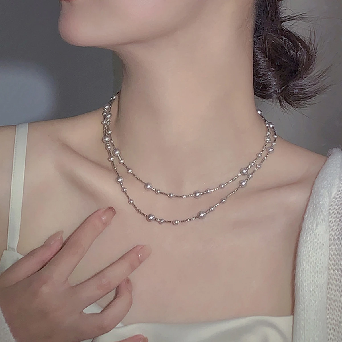 Aokaishen Pearl Necklace Versatile Accessory for Women Collarbone Chain Sexy Girl Double Layered Necklace Luxury 2023 Jewelry