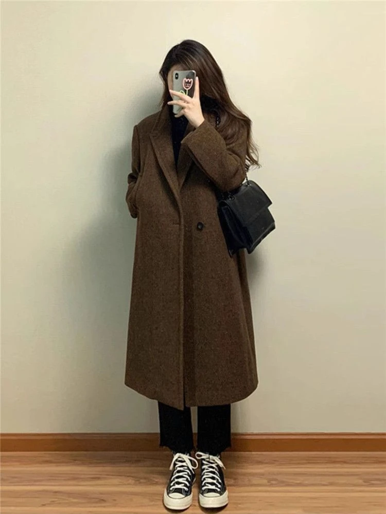 Estilo coreano feminino terno de lã jaqueta outono e inverno 2024 novo longo high-end trenchcoat senhora do escritório casaco trespassado topo