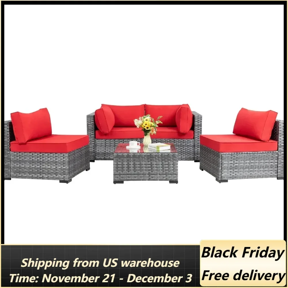 

Outdoor Sofa Set of 5 with Washable Cushions & Glass Coffee Table, 5 Pieces Outdoor Patio Sectional Sofa Couch