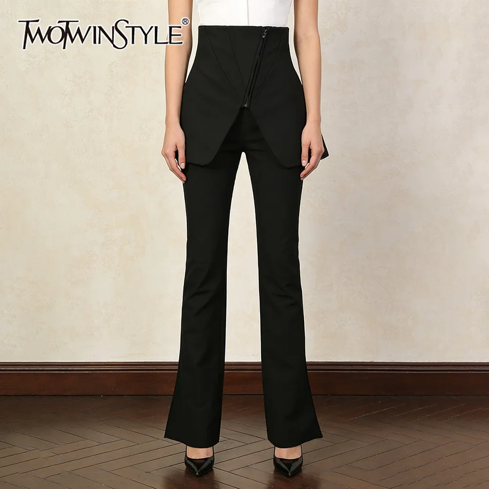 

TWOTWINSTYLE Black Spliced Fart Curtain Trousers Female High Waist Slimming Commute Design Women's Straight Pants Autumn Fashion