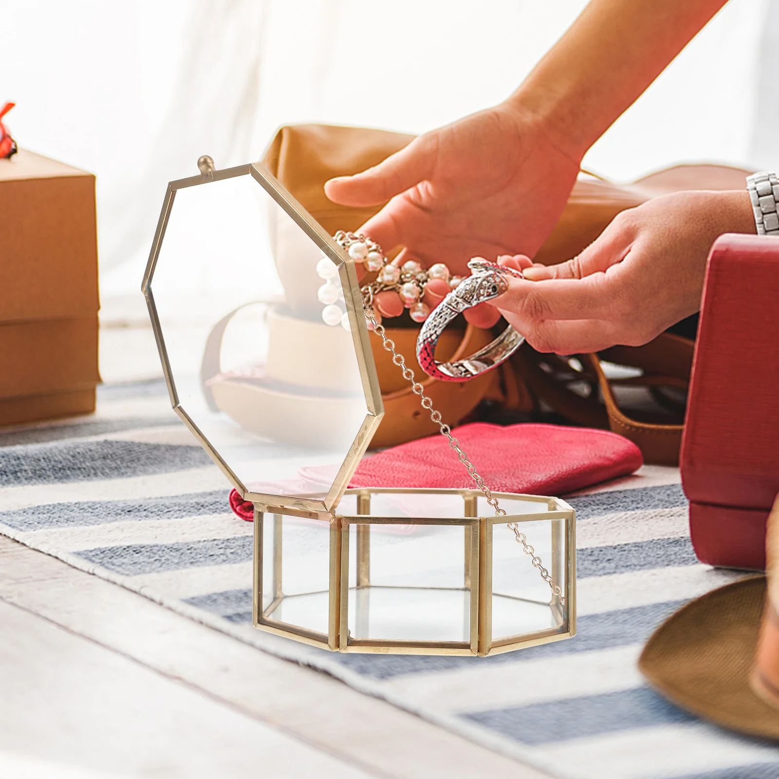 

Винтажная восьмиугольная шкатулка для драгоценностей, прозрачное ожерелье, браслет, кольцо, серьги, органайзер, компактный прочный контейнер для хранения
