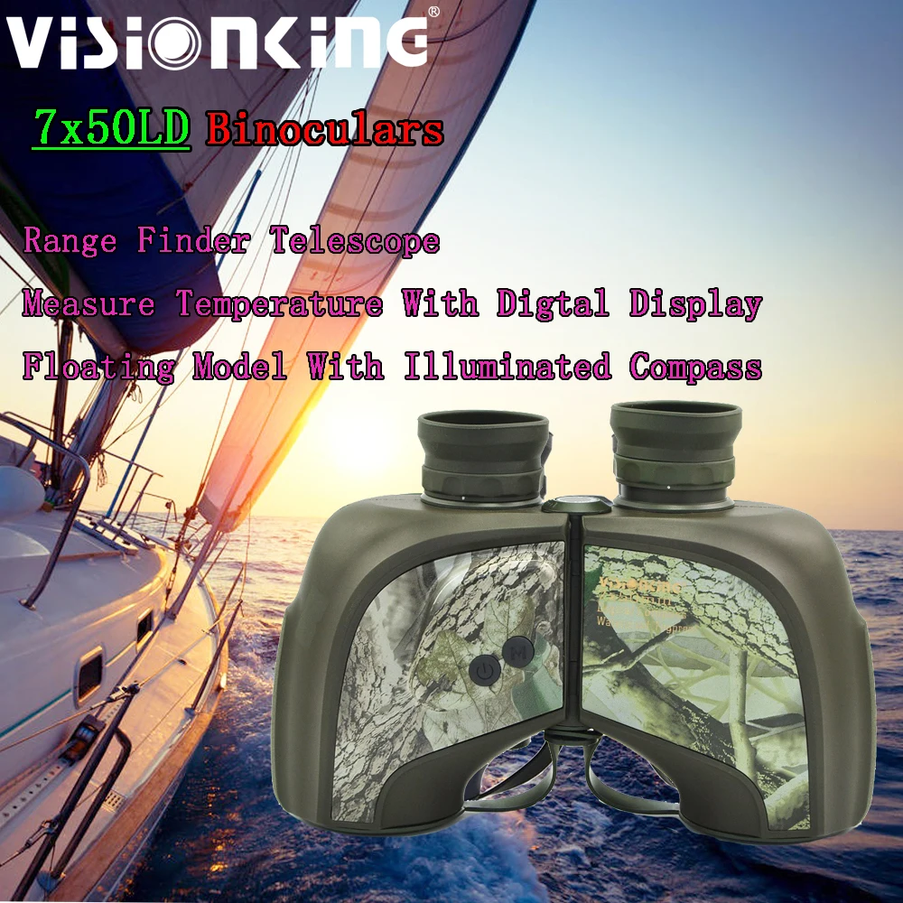 Visionking 7x50 Floating Binoculars Illuminated Digital Compass Waterproof Range Finder Temperature FMC Bak4 Hunting Telescope