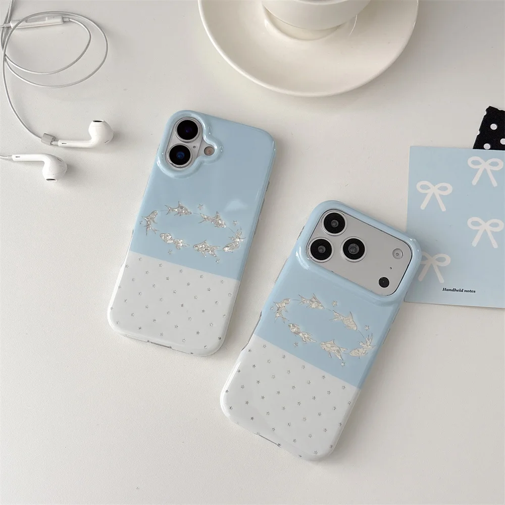 Cute Light Blue Splicing Silver Fish Print Phone Case For iPhone 15 16 17 18 Pro Max Polka Dot Shockproof Protective Back Cover