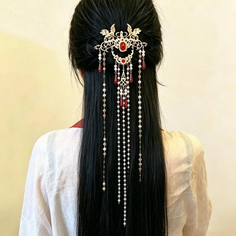 1Pc Vintage Chinese Hanfu Hair Clip Faux Pearl Tassel Golden Crane Decor for Wedding Bridal Party Hair Accessories Vintage Chin