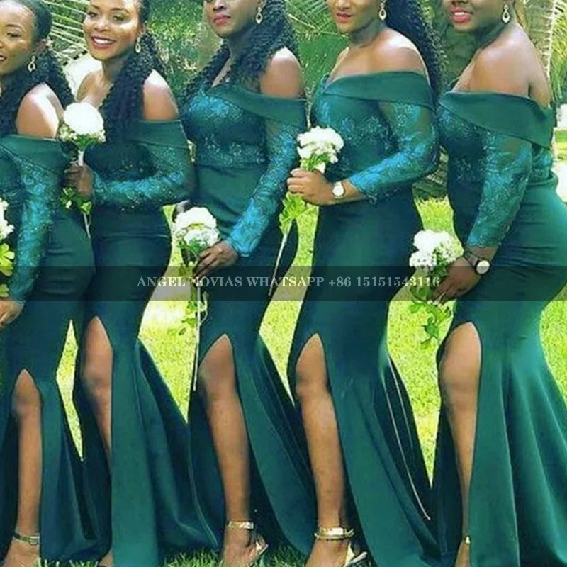 Customized Long Sleeves Mermaid Green Bridesmaid Dress with Slit Evening Prom Formal Party Birthday vestido boda invitada mujer