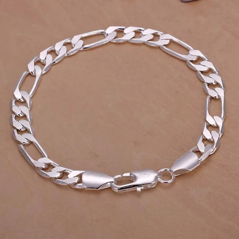 Fine 925 Sterling silver bracelets 6-8mm Women Men chain wedding fashion top quality Silver Jewelry Figaro 20cm