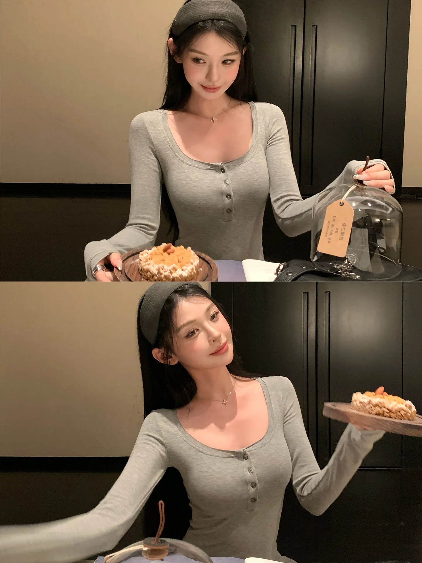 

ay Long Sve U-Ne Slim Fit T-irt Henry Top for Women Casual Sle Autumn Winter Inner Wear Comfortable Soft Cotton Blend