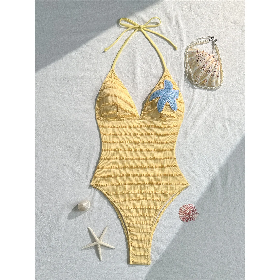 Neuer einteiliger Badeanzug mit V-Ausschnitt und Neckholder, bedruckt mit Seesternmotiv, Damen-Badebekleidung, Damen-Badeanzug mit gerafftem, hoch geschnittenem Beinausschnitt, Badeanzug, Modell V8431. – Detail 11