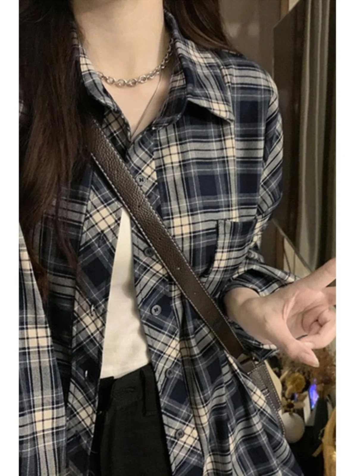 Retro American Plaid irt Jaet Women's Loose Casual Versatile Long Sve  Collar Top for Autumn New Arrival