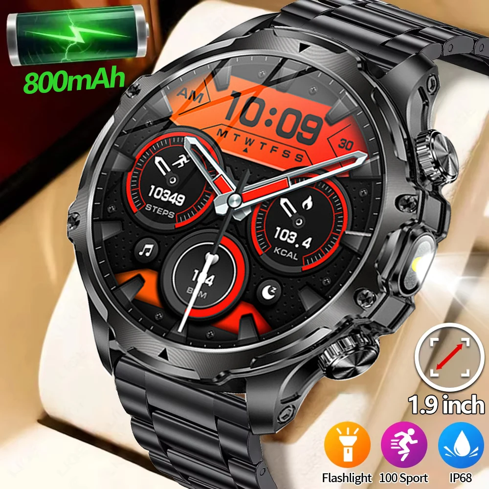 

New AK75 Smart Watch Flashlight 1.9inch Men Outdoors Sports Fitness Tracker 800mah Large Battery BT Calling LED Light Smartwatch