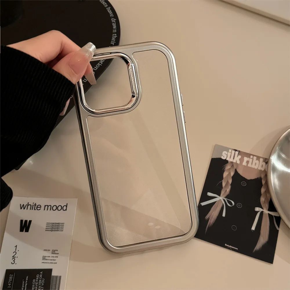 Einfache, silberne Kantenbeschichtung, Handyhülle für iPhone 16, 15, 14, 13, Pro Max, Acryl, transparent, stoßfest, Stoßstange, schützende Hartschale