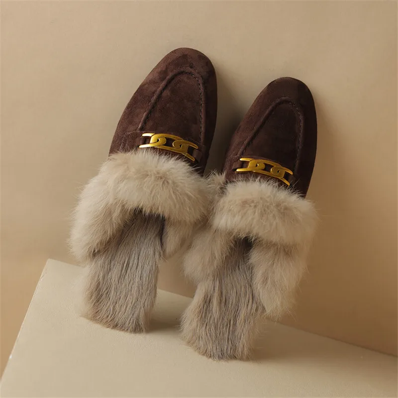 2023 Winter Sheep Suede Women Shoes Rabbit Hair Mules Shoes for Women Round Toe Low Heel Slippers Chunky Heel Cover Toe Slippers