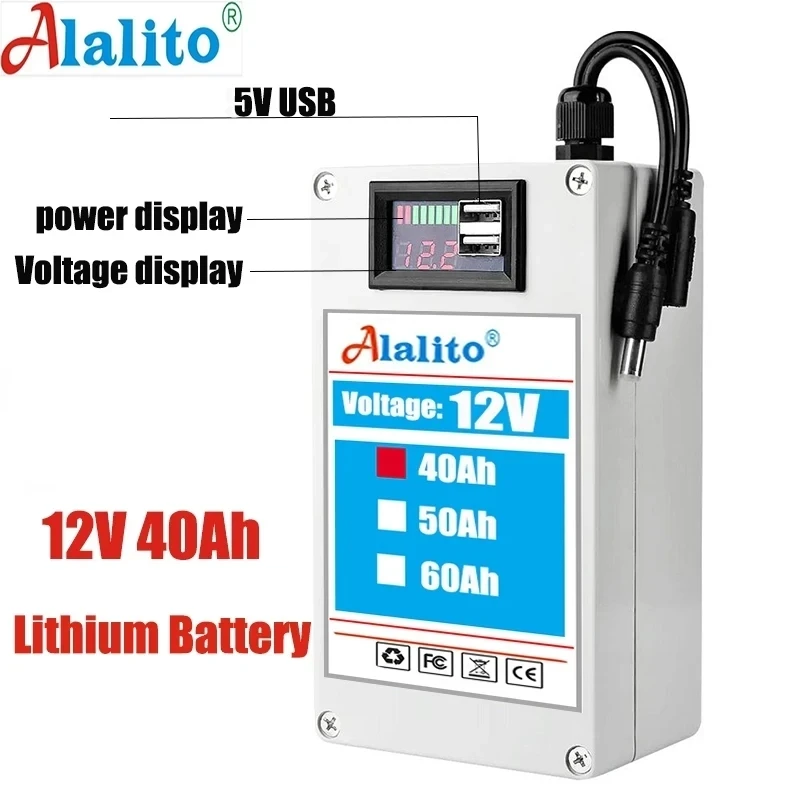 

New DC 12v 40AH lithium ion rechargeable battery, high capacity ac power charger with 4 kinds of traffic development