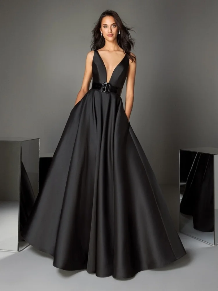 

Black V-Neck Princess Satin Mikado Evening Gown 2025 Elegant Belted A-Line Formal Ball Dress Prom Bridal Party Gown Custom Sizes
