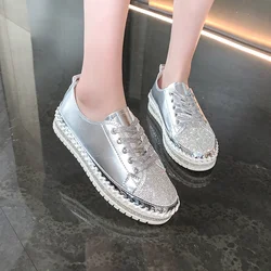 2024 Women Shining Rhinestone Loafers Bowknot Slip-on Thick Botton Casual Ladies Crystal Shoes Female Platform Sneakers Sports