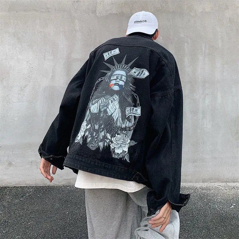 

Oversize American Retro Street Sle Men's Denim Jaet 230 Pou Spring Autumn Workwear Coat ort Loose Fit Color Blo