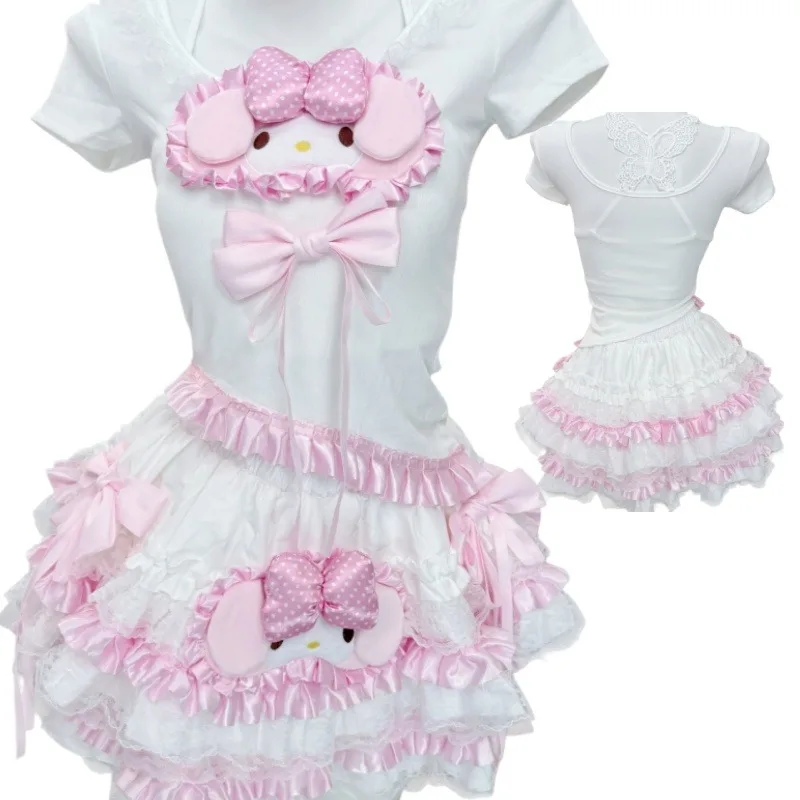 

Pink and White Melody Lace Cake Skirt Set Pure Desire Style Butterfly Bareback Short Sleeve+Multi Layer Ruffle Half Length Skirt