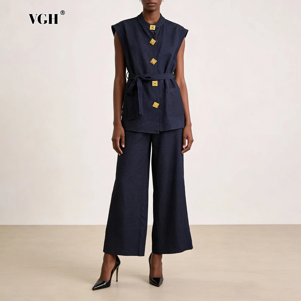 

Новый модный женский комплект VGH: винтажный повседневный костюм-двойка с круглым вырезом, топом без рукавов и брюками с высокой талией.