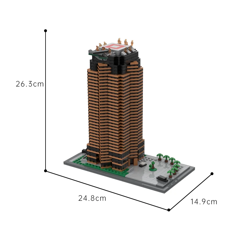Modern High-rise Skyscraper MOC Building Blocks, Star Avenue 2121 City Commercial Tower Model With Rooftop And Palm Tree Scene