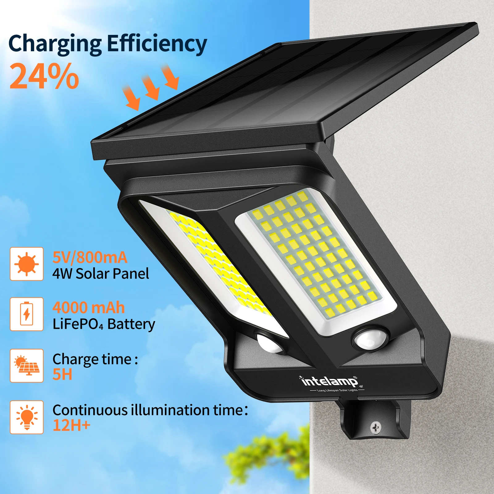 インテランプ-4000mah-長寿命屋外ソーラーled街路灯-2つのモーションセンサー搭載-180度検知-°-庭の小道や庭園に太陽光を届ける