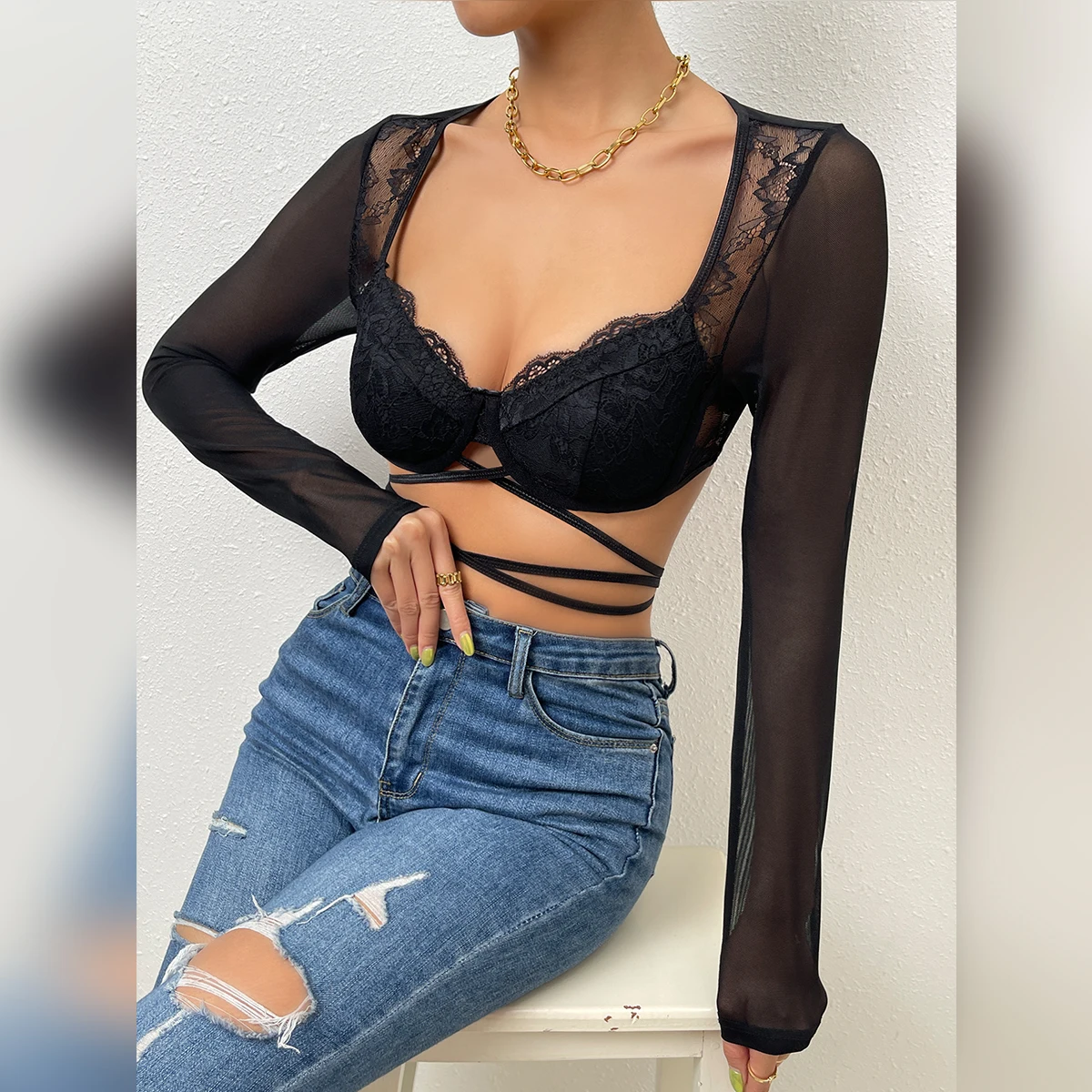Vemina Fashion V-Neck Hollowing Mesh See Through Crop Tops Long Sleeve,Sexy Bandage Lace Embroidery Women Bodycon Slim Blouses