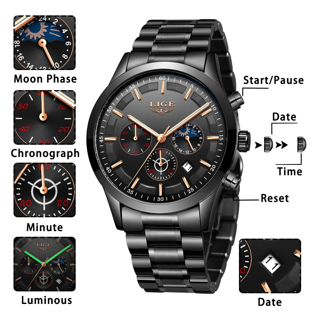 New LIGE Watches Men Quartz Top Brand Analog Military Male Watches Men Sports Army Watch 3ATM Waterproof Relogio Masculino+Box