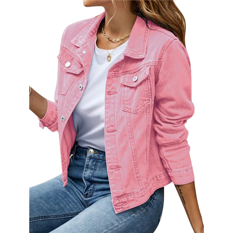 ABVG-Jean Jackets For Women Basic Long Sleeve Button Down Denim Jacket Cropped Fashion Jean Jacket