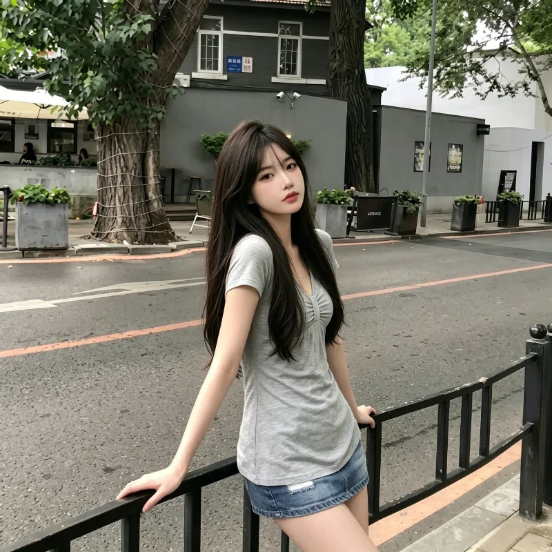 Korean Style V-Neck Knot Short Sleeve T-Shirt Summer New Loose Versatile Pleated Doll Shirt Top Weight-Loss Meat-Covering
