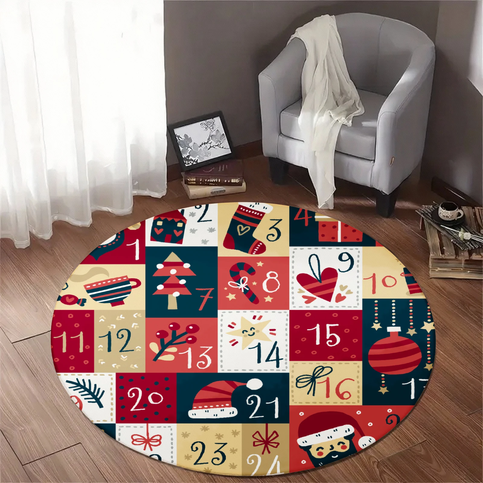 2026 Weihnachtsteppich, runder Teppich, weicher Flanellteppich für Sofa, Zimmer, rutschfester Weihnachtsteppich für Heimdekoration, Geschenk für 2026 Weihnachten – Detail 2
