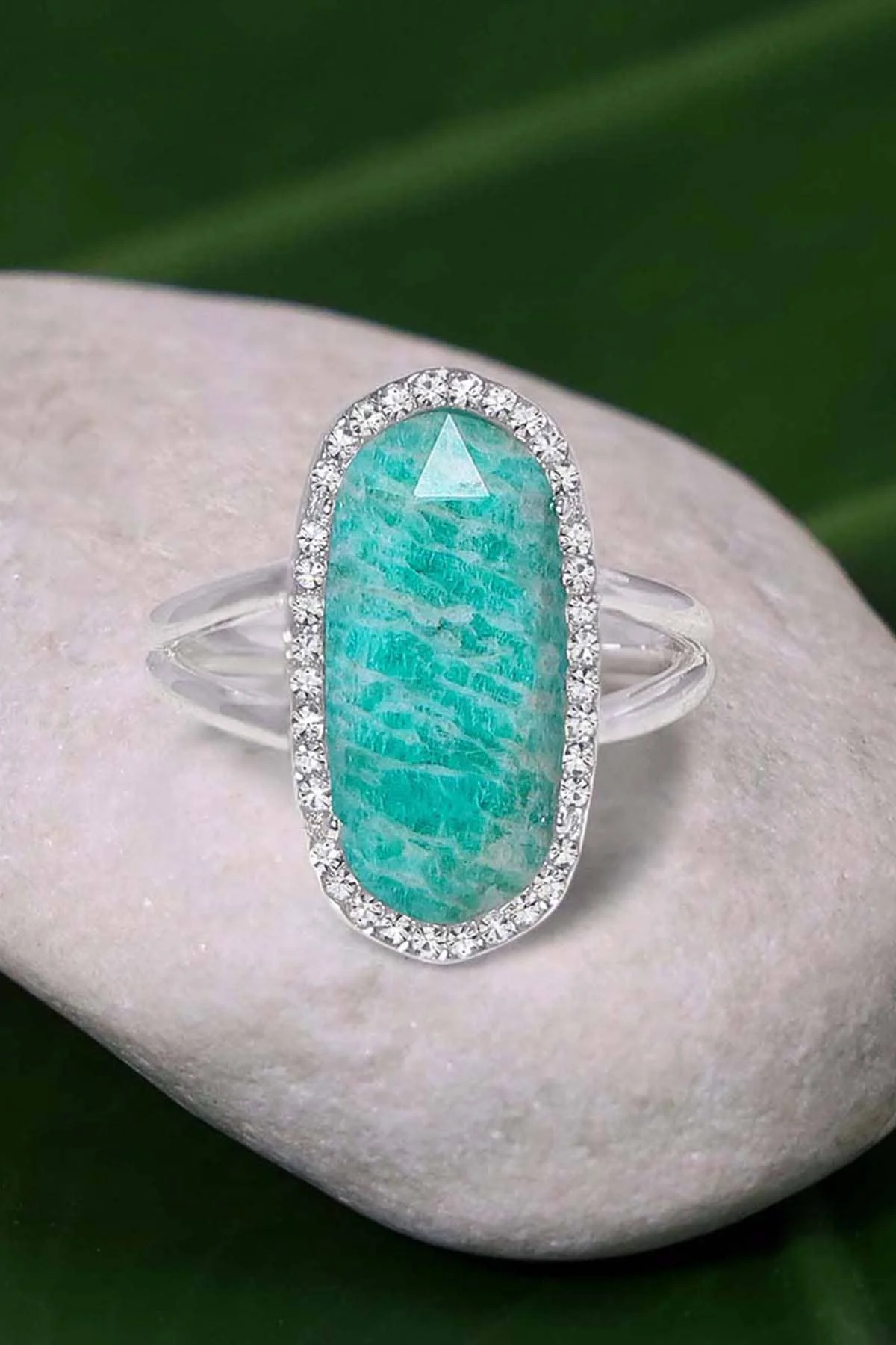 Fashion Russian Amazonite Gemstone Halo Ring with Austrian Crystal Jewelry for Women Party Gifts US Size 5-12