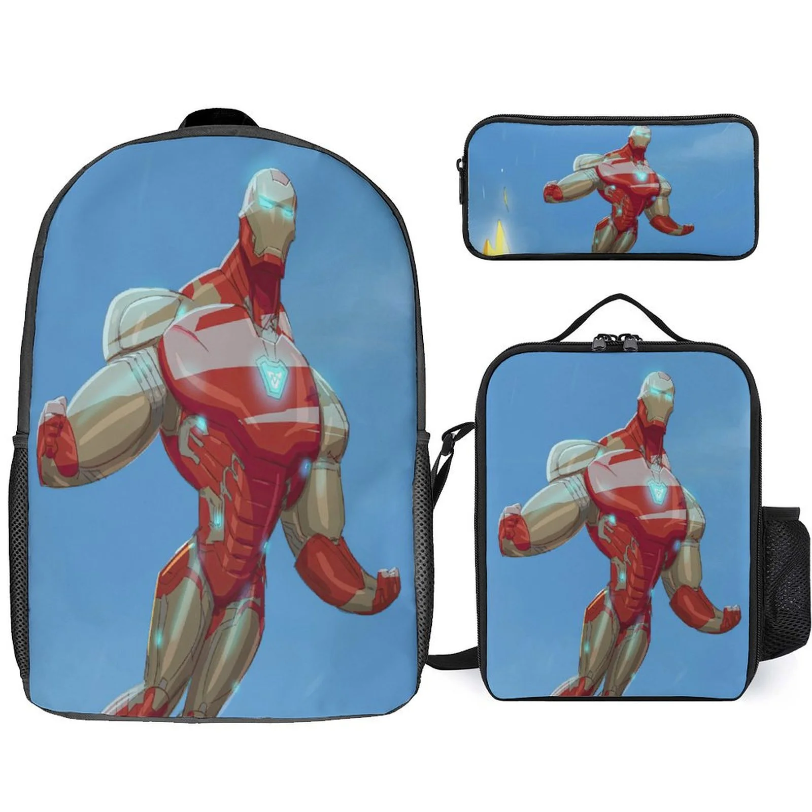 

IronMan Unisex Boy Girl Waterproof Backpack and Classic Lunch Tote Pencil Box 3 in 1 Knapsack Set for School