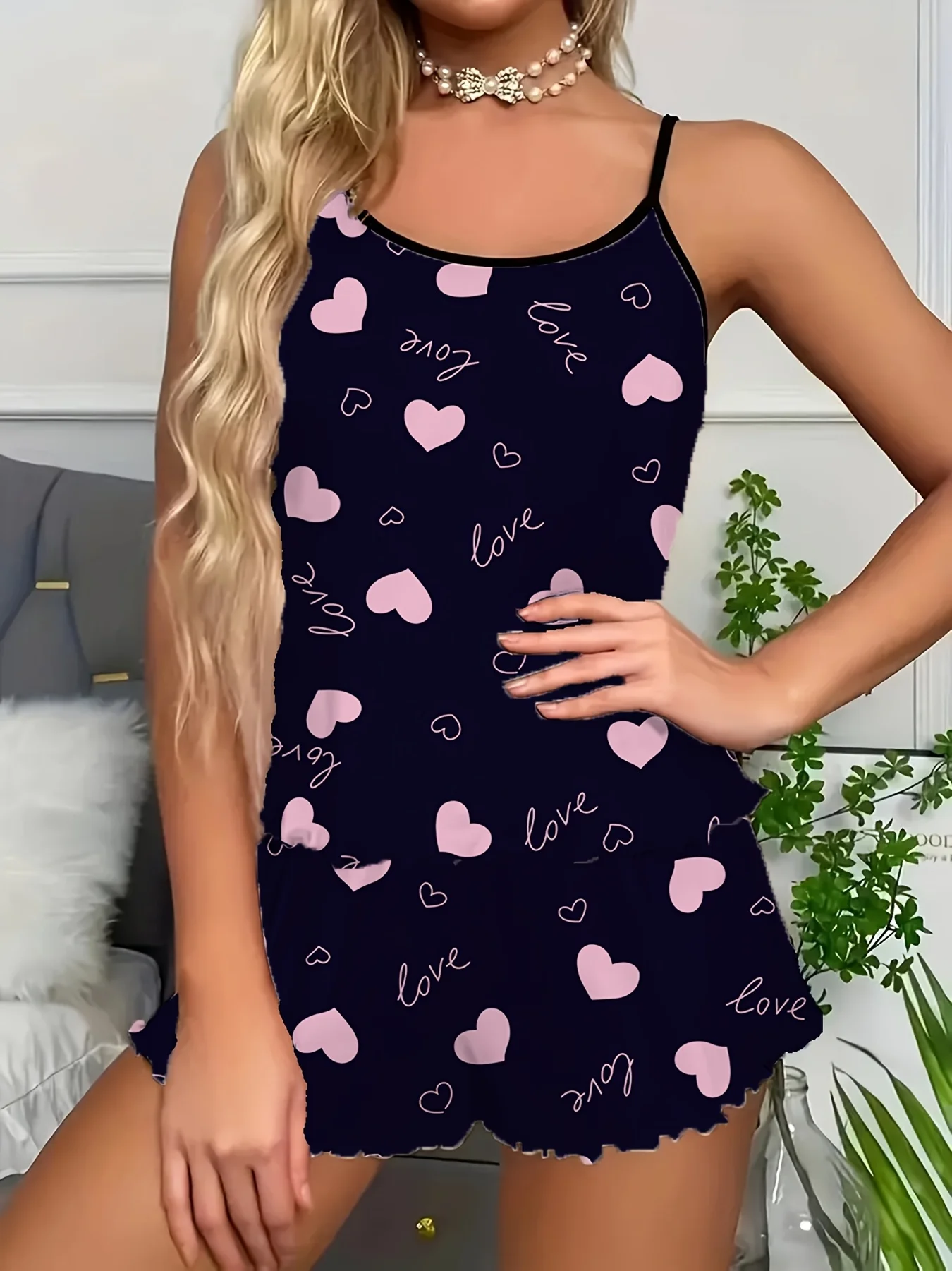 

Cute Bow Heart Print Pajamas Set Women's Summer Sleepwear Comfortable Loose Fit Home Wear Backless Crop Top and Shorts