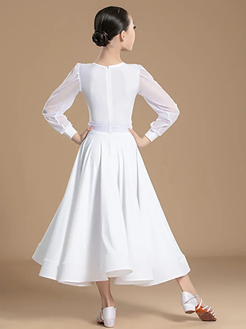 キッズガールズモダン社交ダンスウェア子供長袖ボディスーツと大きなスカート国家標準パフォーマンスダンス衣装