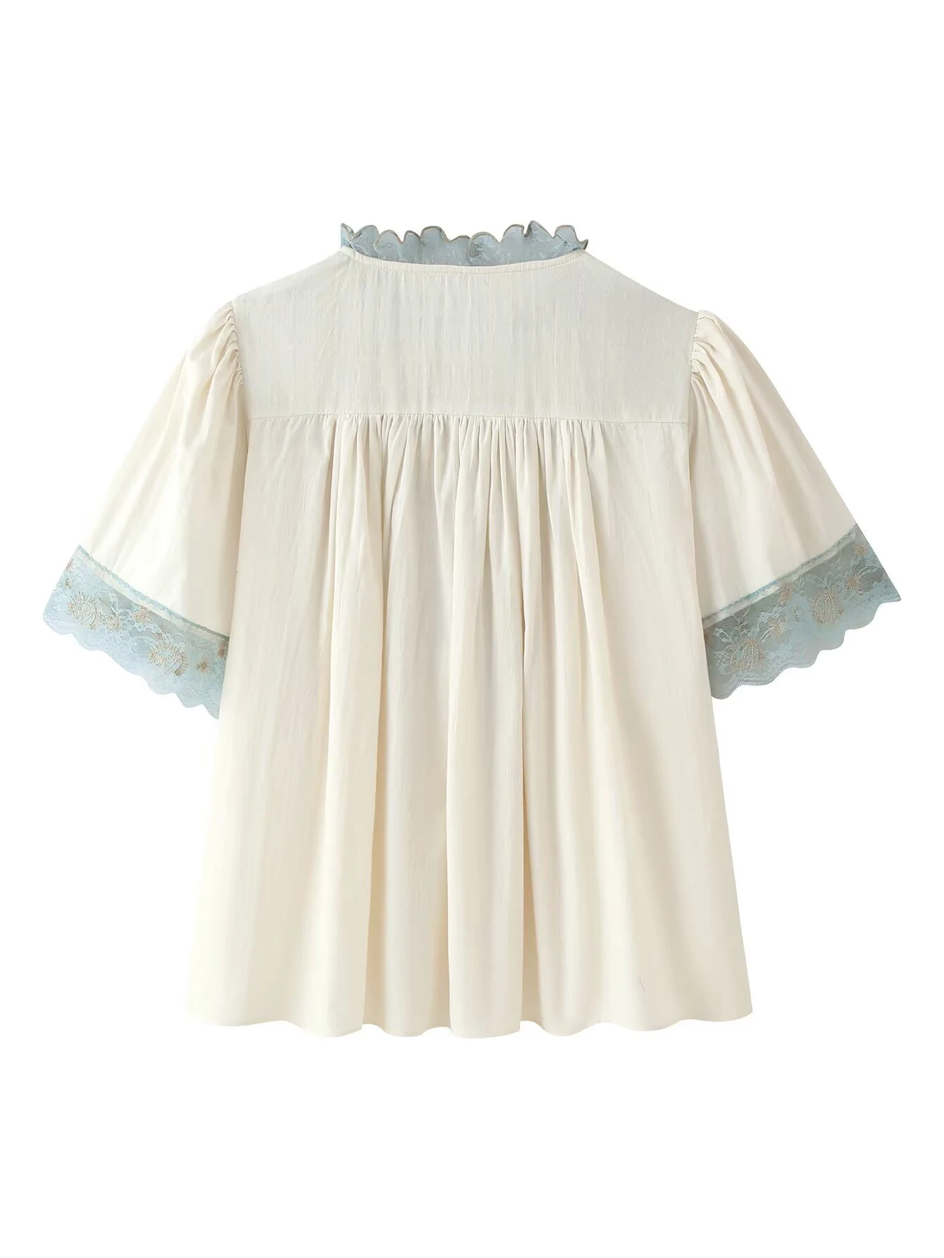 Europäischer und amerikanischer Stil 2026 Herbst Neue Damen-Freizeitbluse mit Farbblock-Design, Spitzen-Patchwork und V-Ausschnitt, Kurzarm – Detail 3